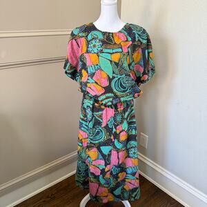 Jean Leslie Vintage 80s/90s Floral & Abstract Print Dress with Stretch Waist 1X